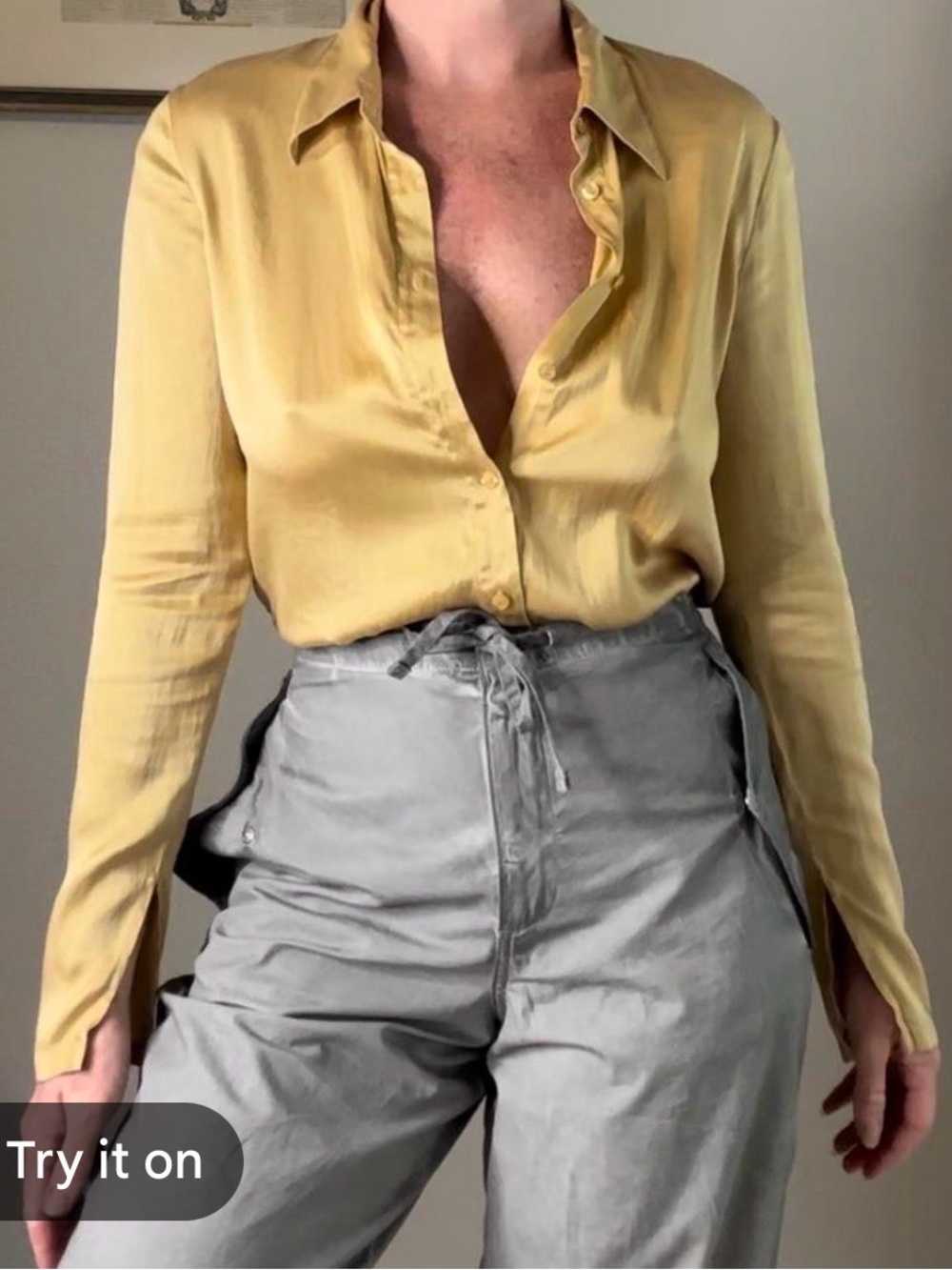 Jon & Anna Satin Button-Down Blouse in Mustard Yellow